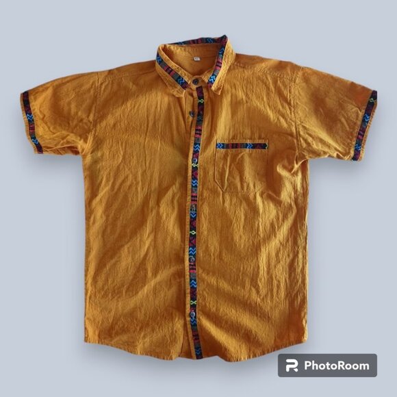 Mustard Yellow Guayabera Latin Mexican Spanish Medium Summer Linen Button Shirt - Picture 1 of 4